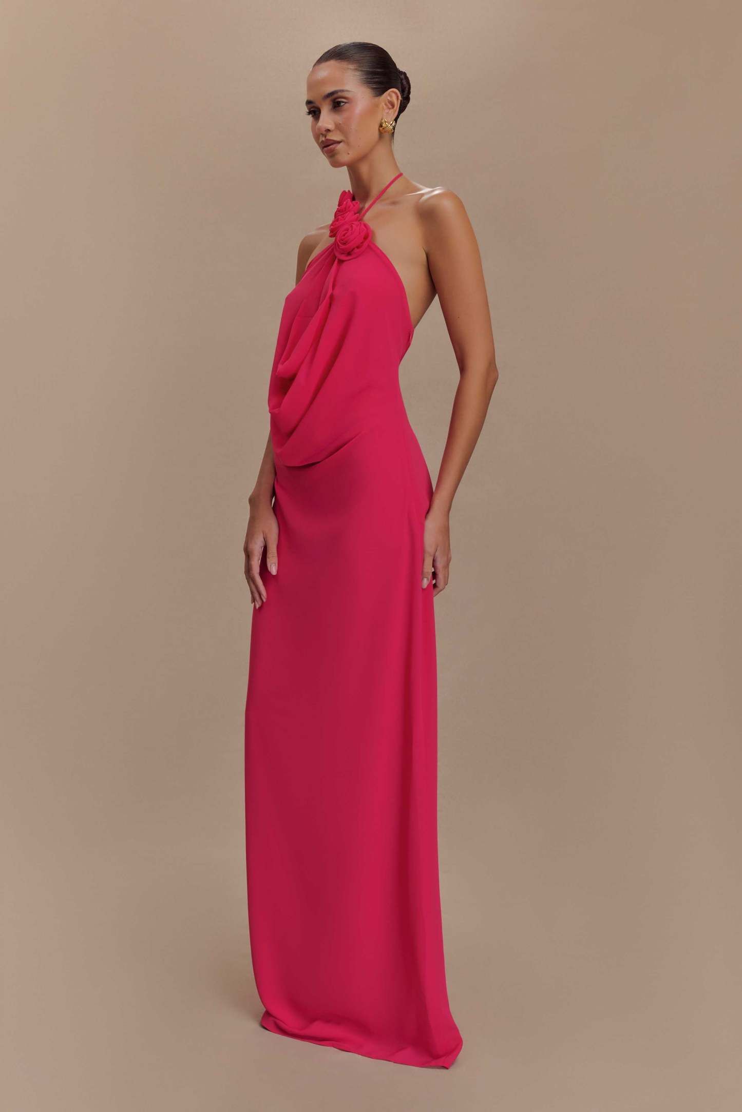 3D Flower Chiffon Halter Neck Maxi Dress