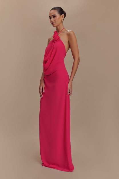3D Flower Chiffon Halter Neck Maxi Dress