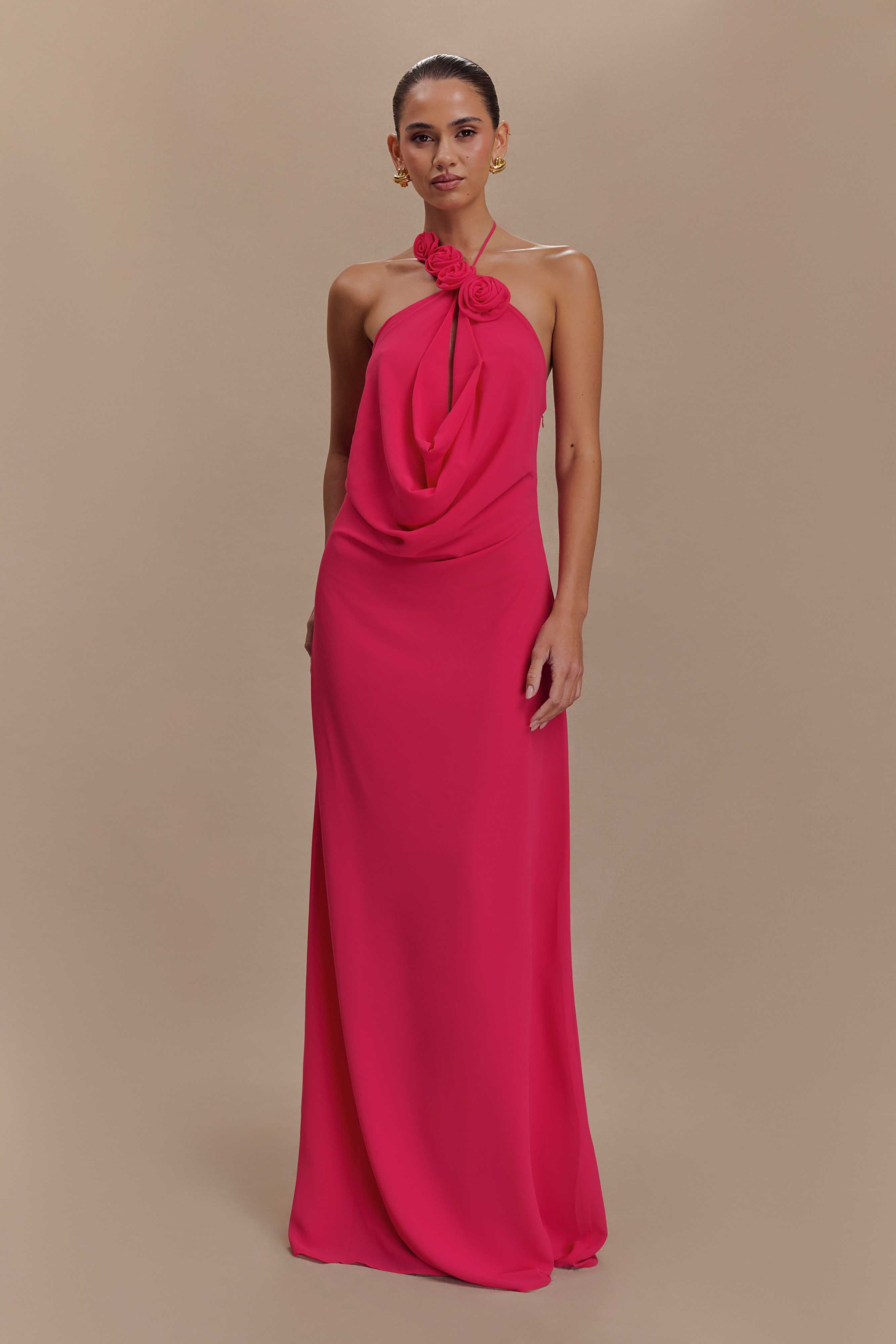 3D Flower Chiffon Halter Neck Maxi Dress