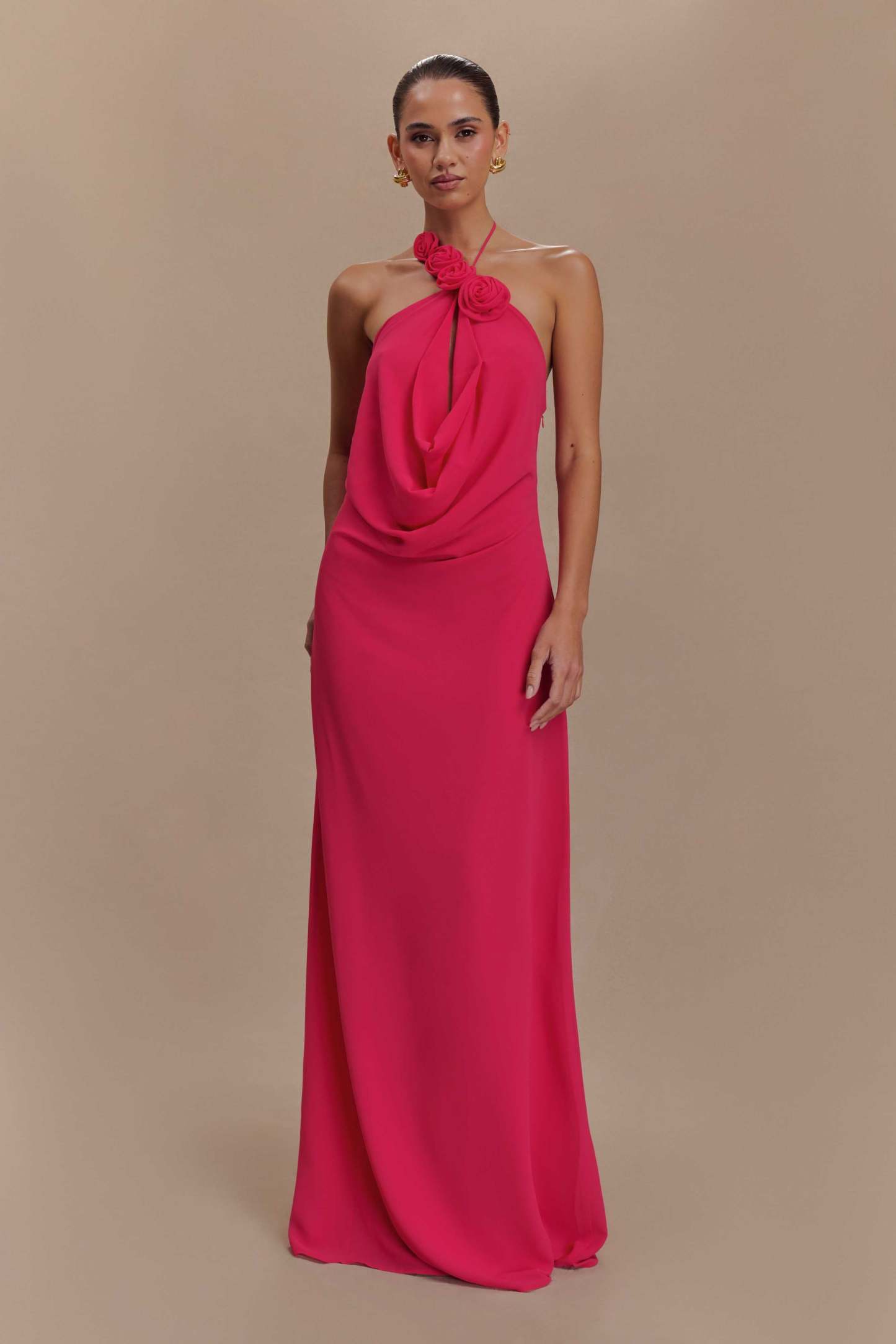 3D Flower Chiffon Halter Neck Maxi Dress