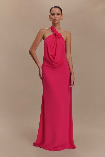 3D Flower Chiffon Halter Neck Maxi Dress