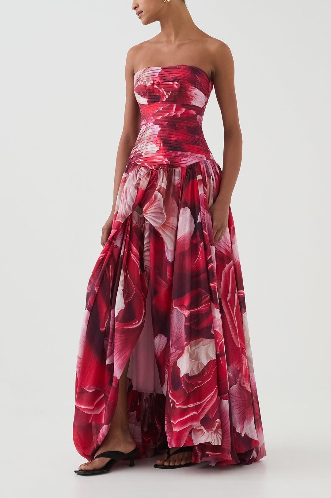 Floral Pleated Strapless Maxi Dress