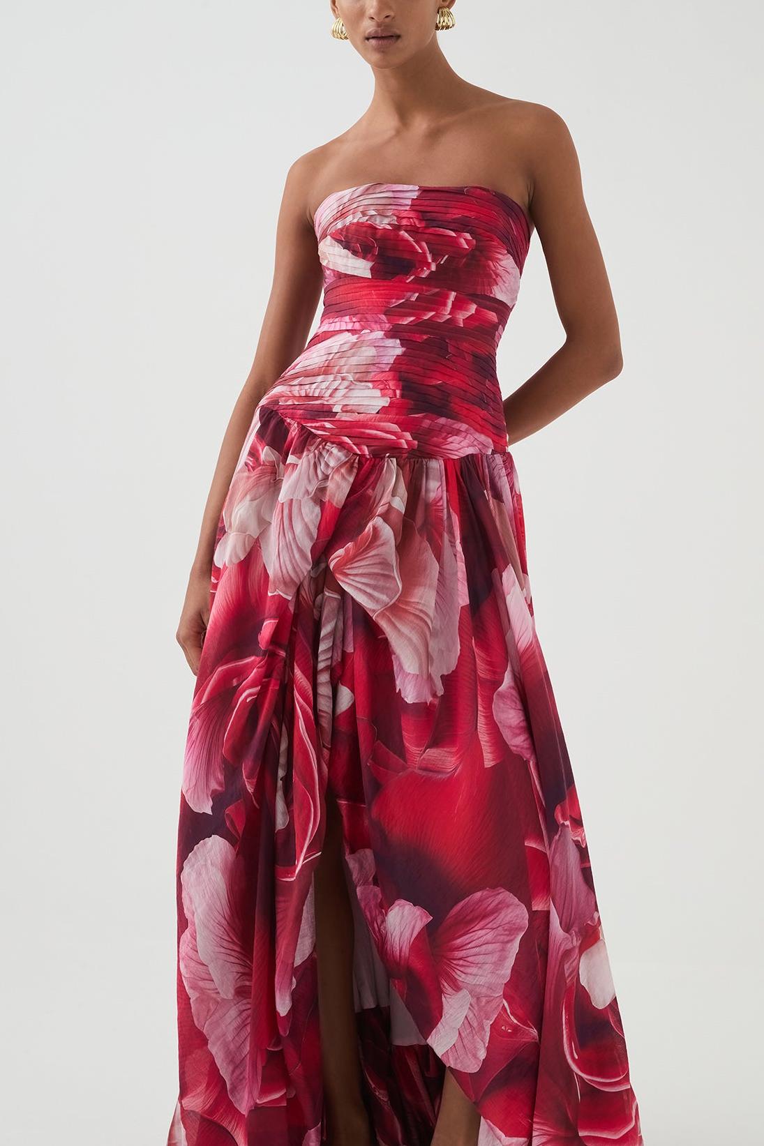 Floral Pleated Strapless Maxi Dress