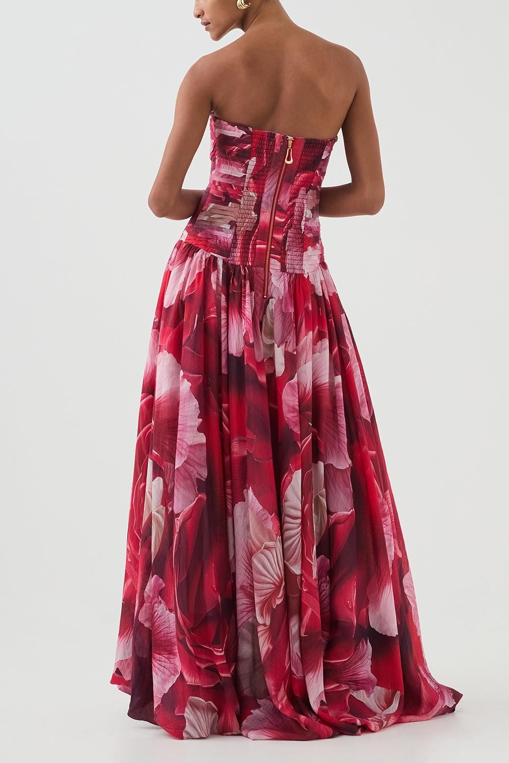 Floral Pleated Strapless Maxi Dress