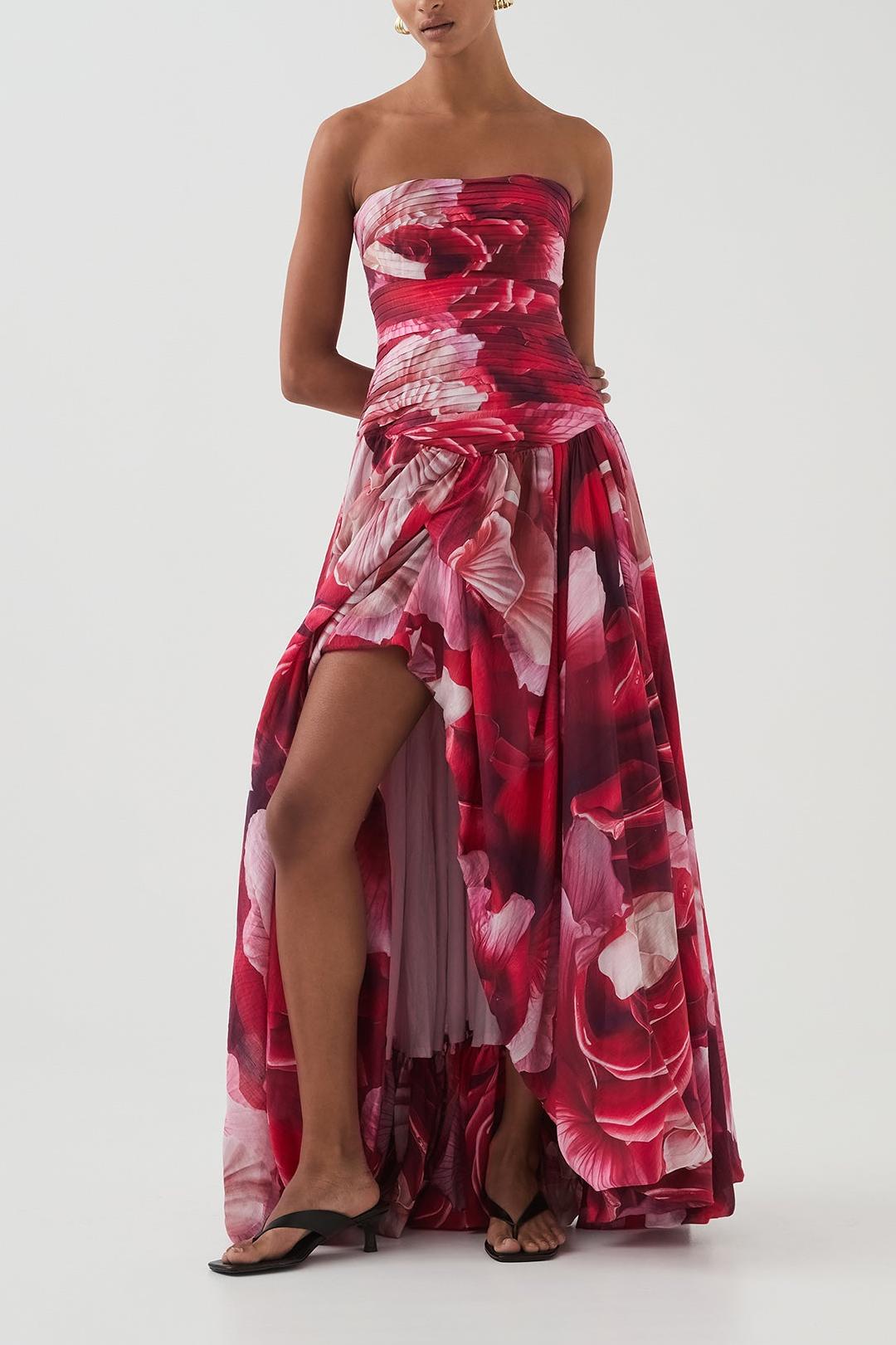 Floral Pleated Strapless Maxi Dress