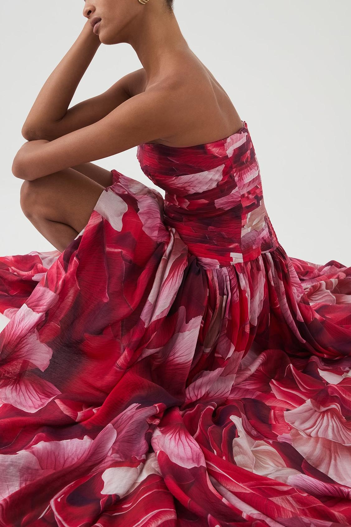 Floral Pleated Strapless Maxi Dress
