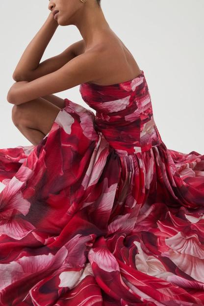 Floral Pleated Strapless Maxi Dress