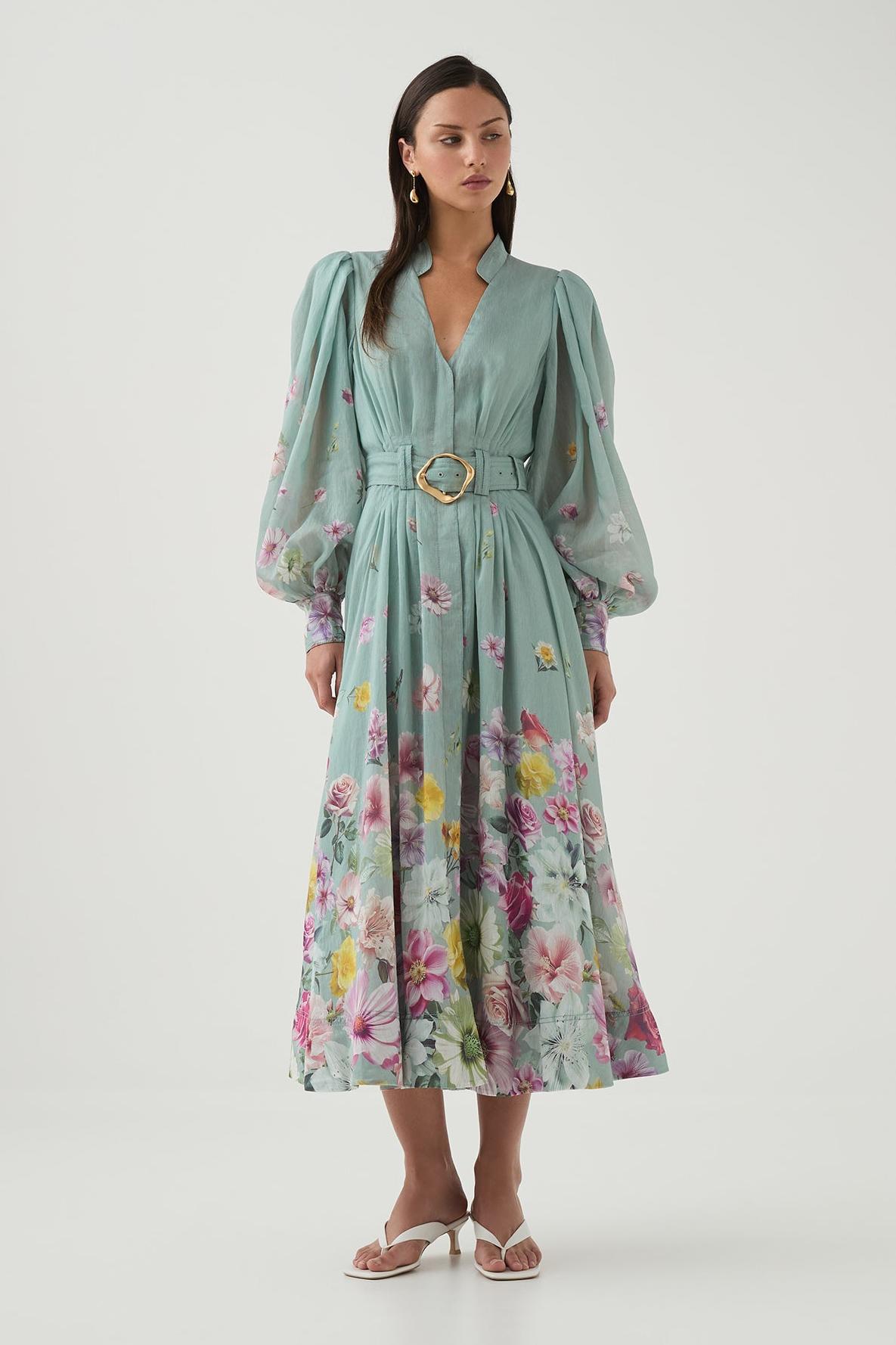 Floral Lantern Sleeve Midi Dress With Belt