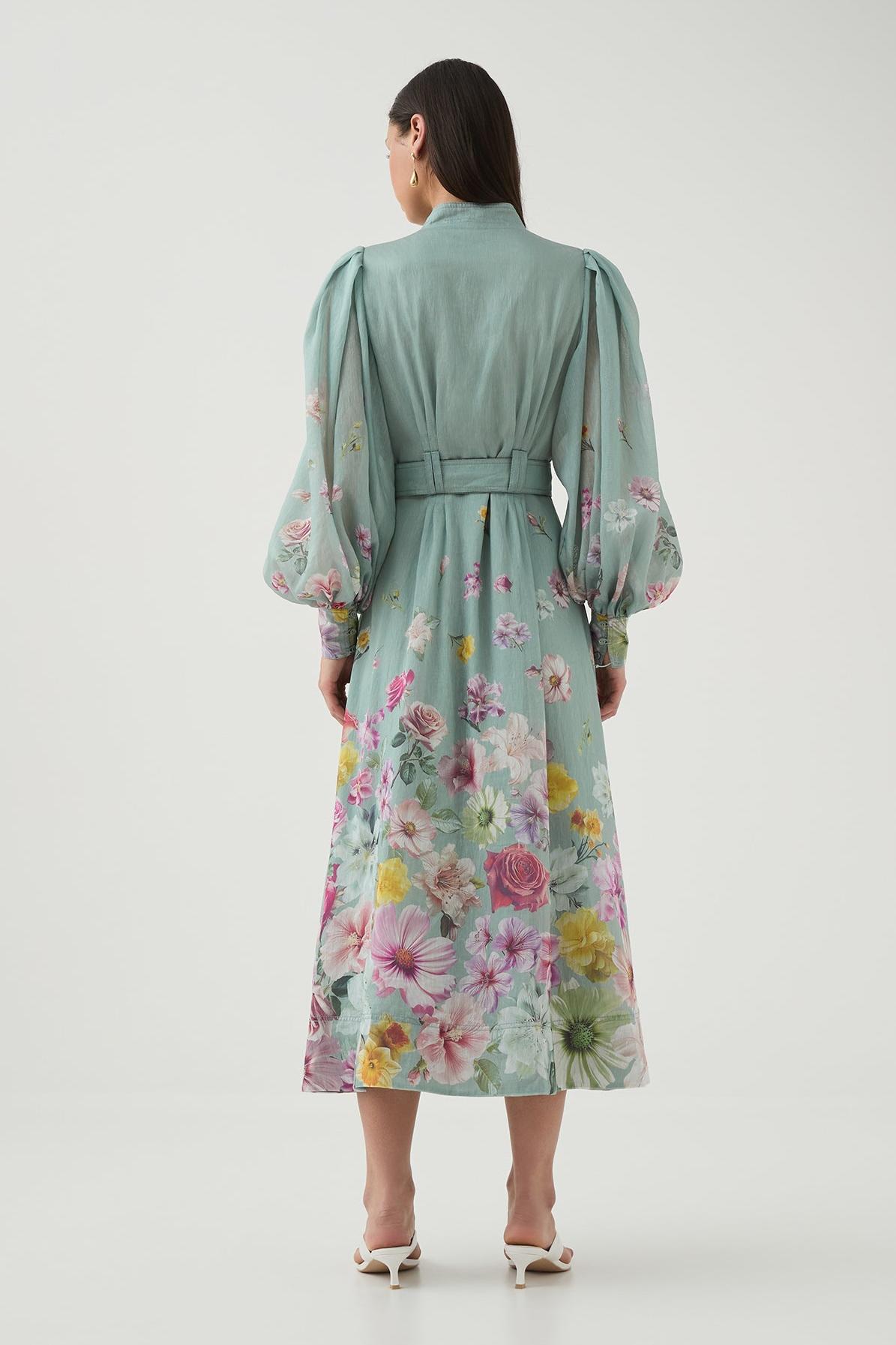 Floral Lantern Sleeve Midi Dress With Belt