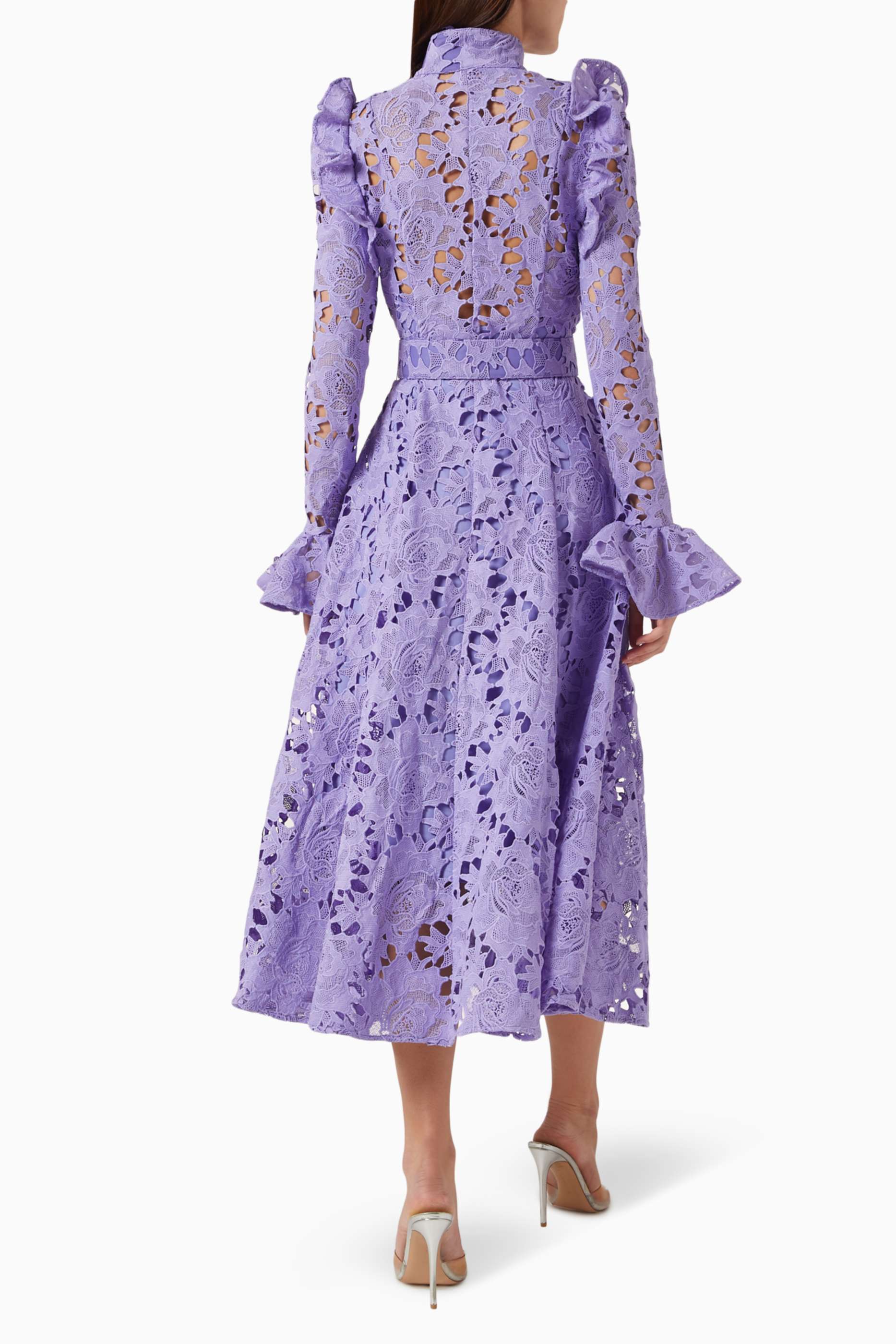 Lace Ruffle Midi Dress With Belt