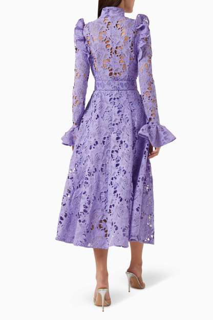 Lace Ruffle Midi Dress With Belt