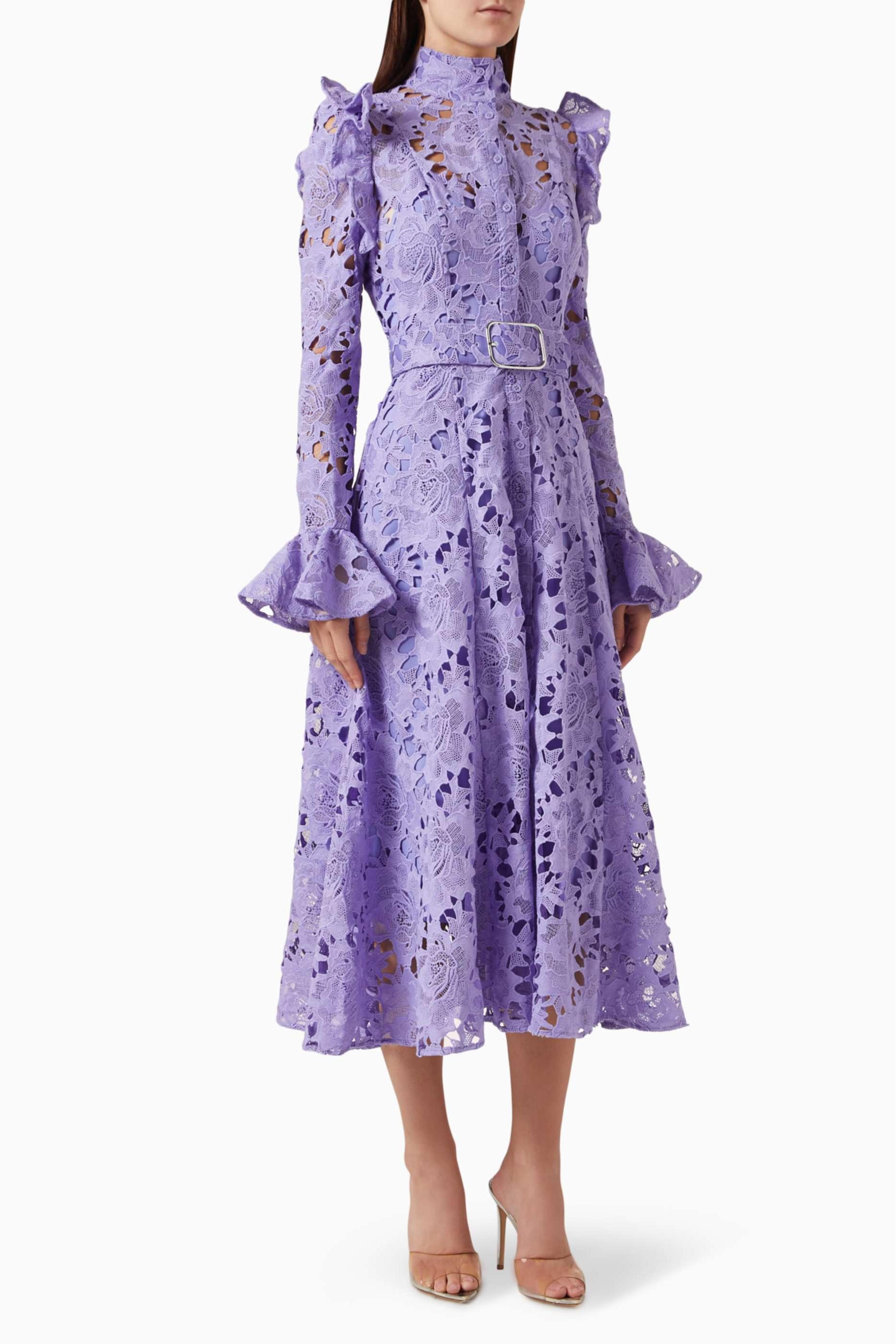Lace Ruffle Midi Dress With Belt