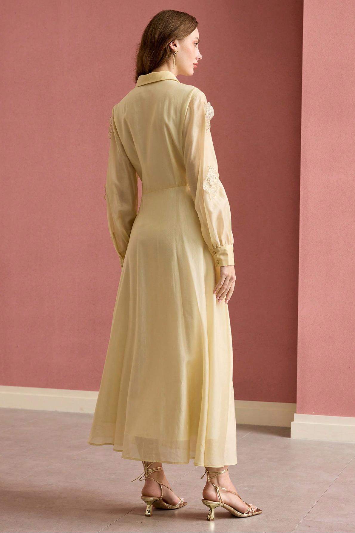Appliquéd Chiffon Single Breasted Midi Dress
