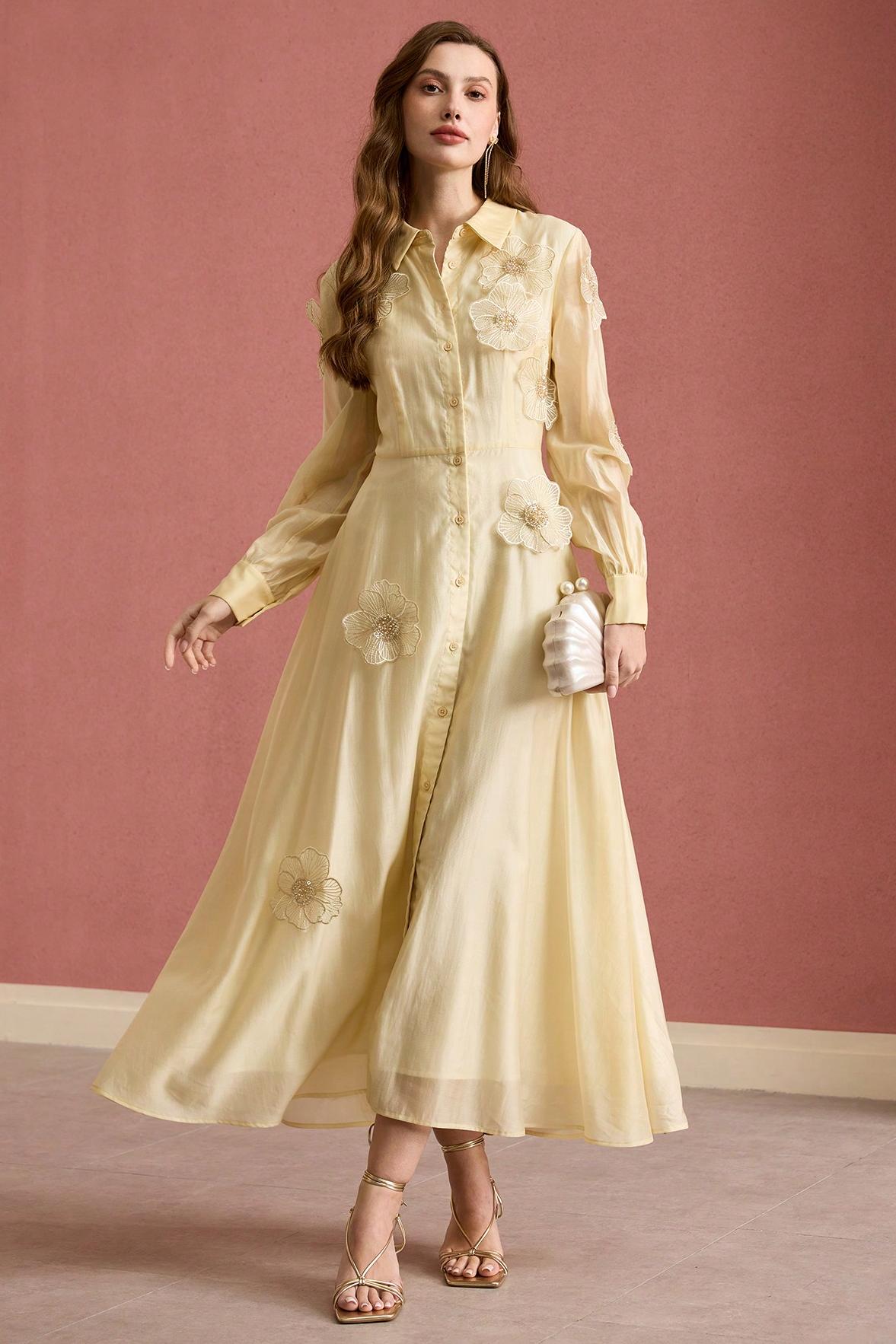 Appliquéd Chiffon Single Breasted Midi Dress
