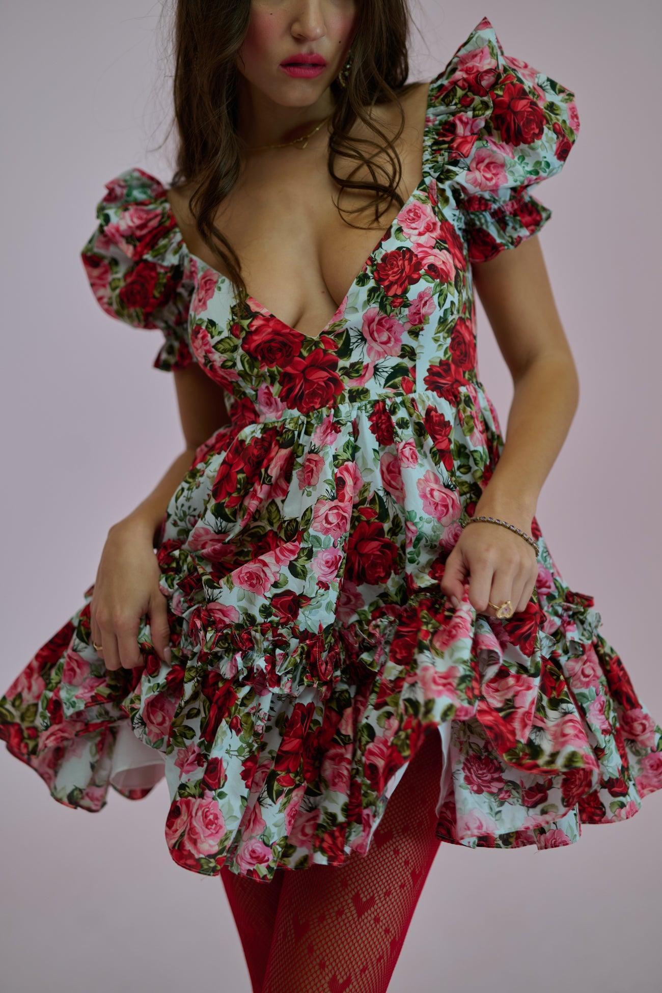Floral Puff Sleeve V-Neck Mini Dress