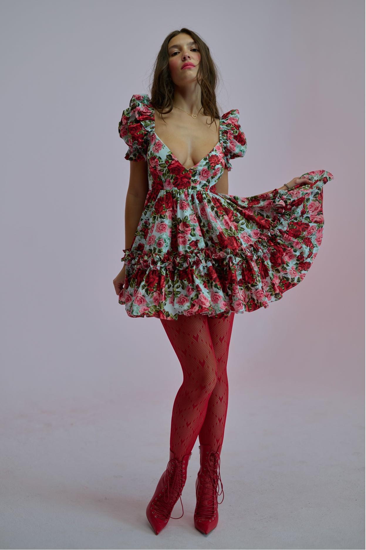 Floral Puff Sleeve V-Neck Mini Dress