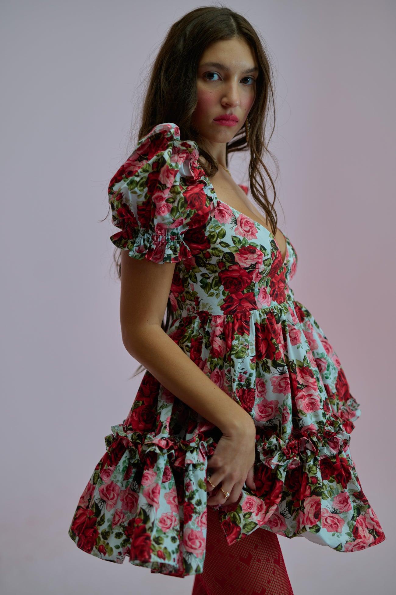 Floral Puff Sleeve V-Neck Mini Dress