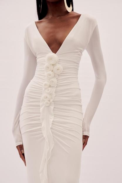 3D Flower Gathering V-Neck Maxi Dress