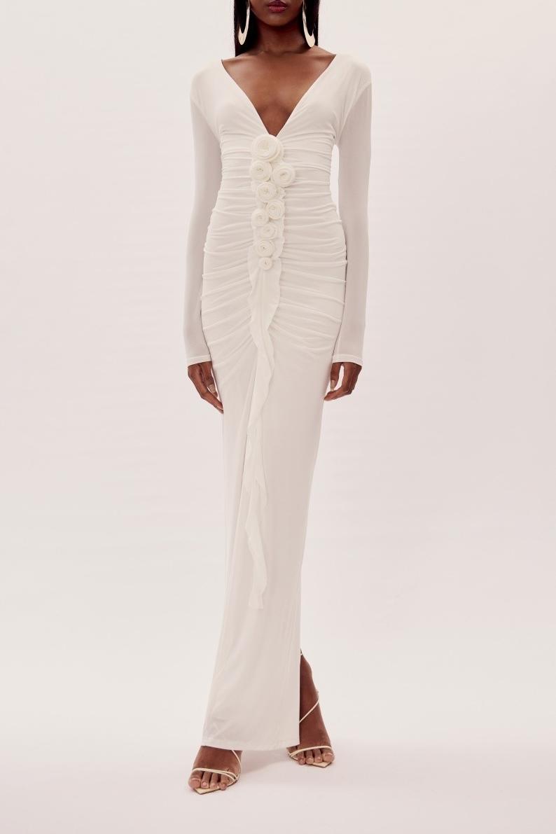 3D Flower Gathering V-Neck Maxi Dress