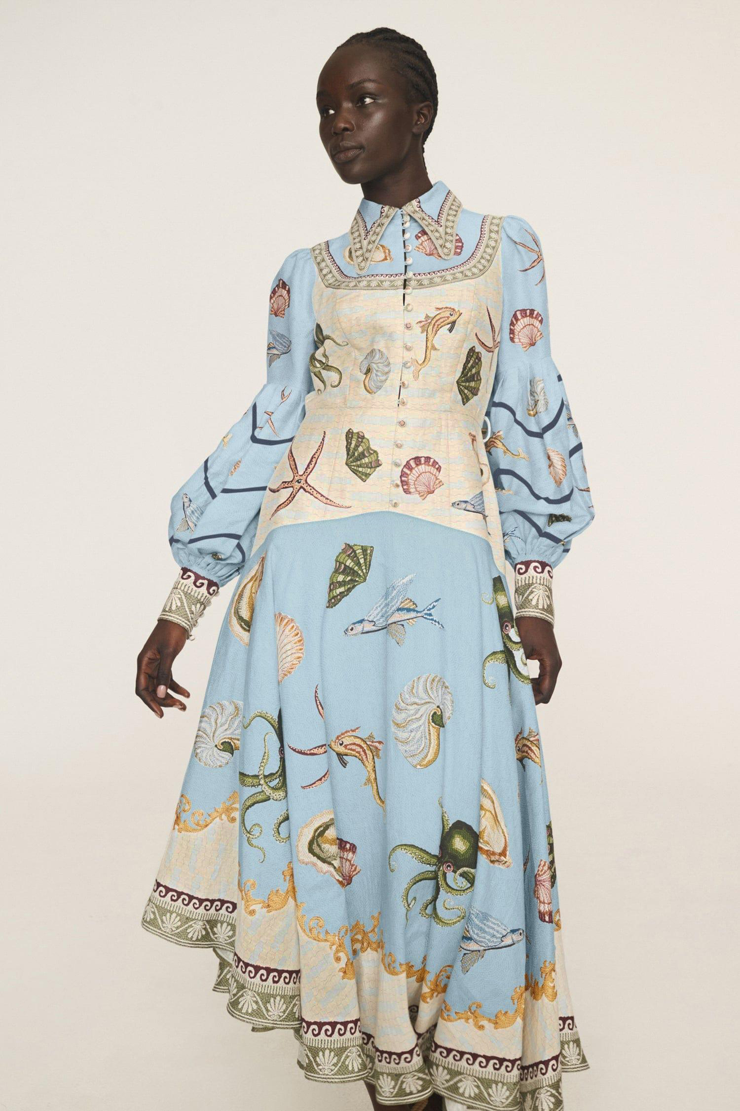 Marine Animal Print Lantern Sleeve Midi Dress