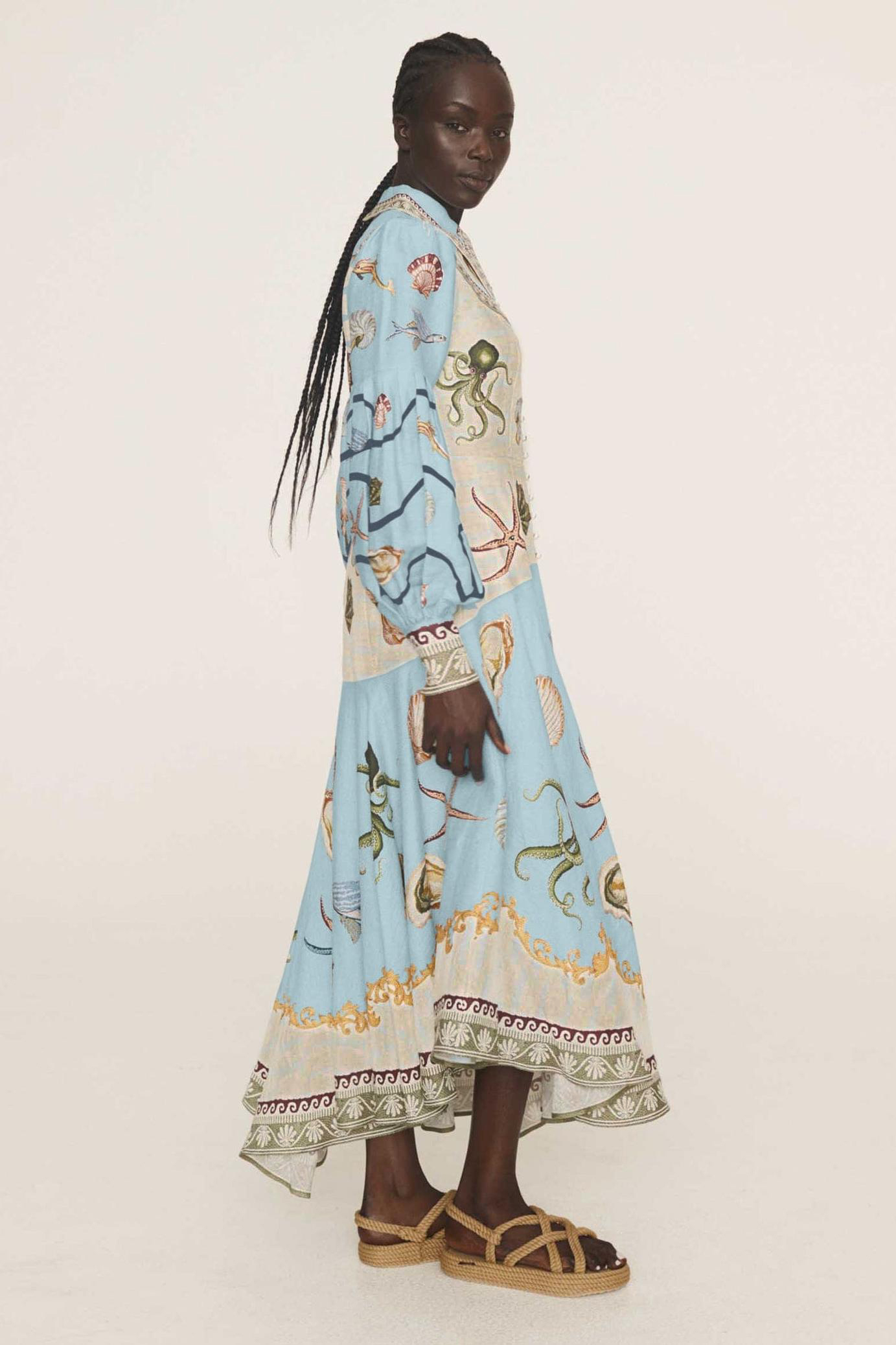 Marine Animal Print Lantern Sleeve Midi Dress