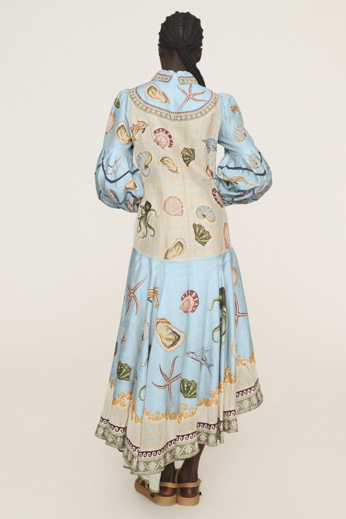 Marine Animal Print Lantern Sleeve Midi Dress