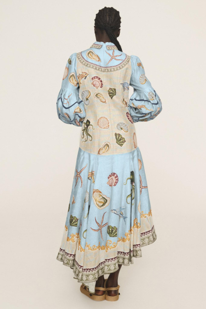 Marine Animal Print Lantern Sleeve Midi Dress