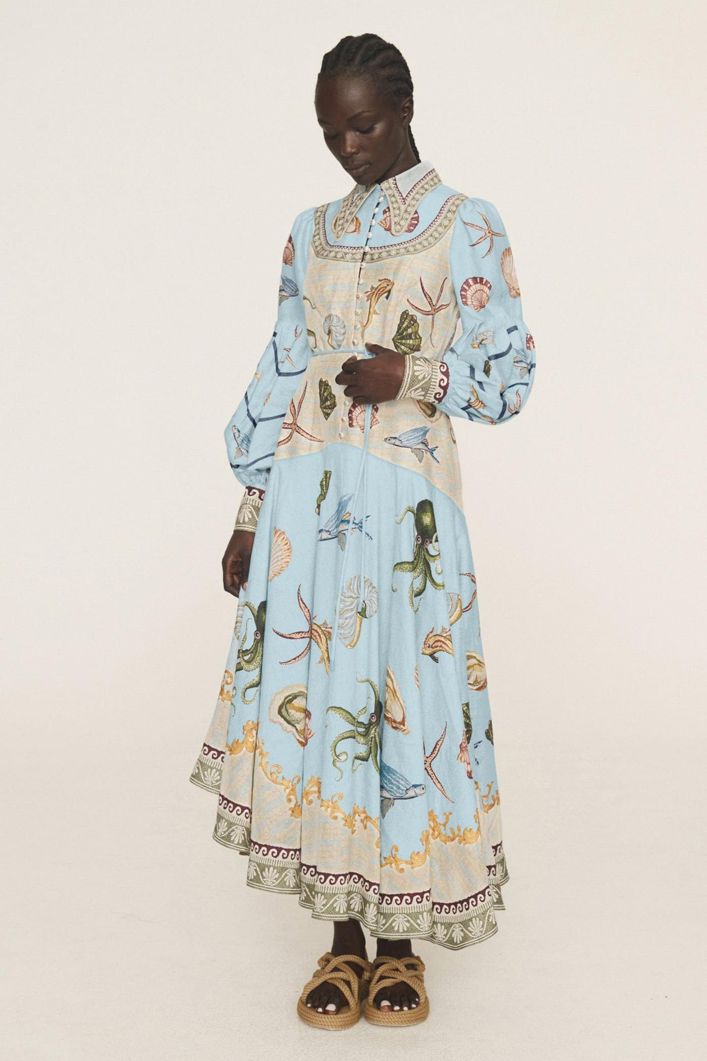 Marine Animal Print Lantern Sleeve Midi Dress