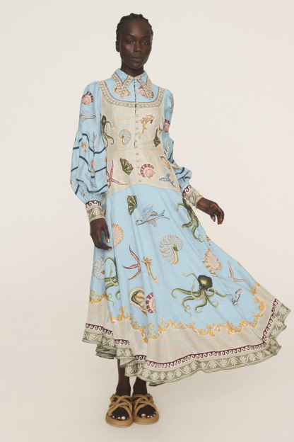 Marine Animal Print Lantern Sleeve Midi Dress