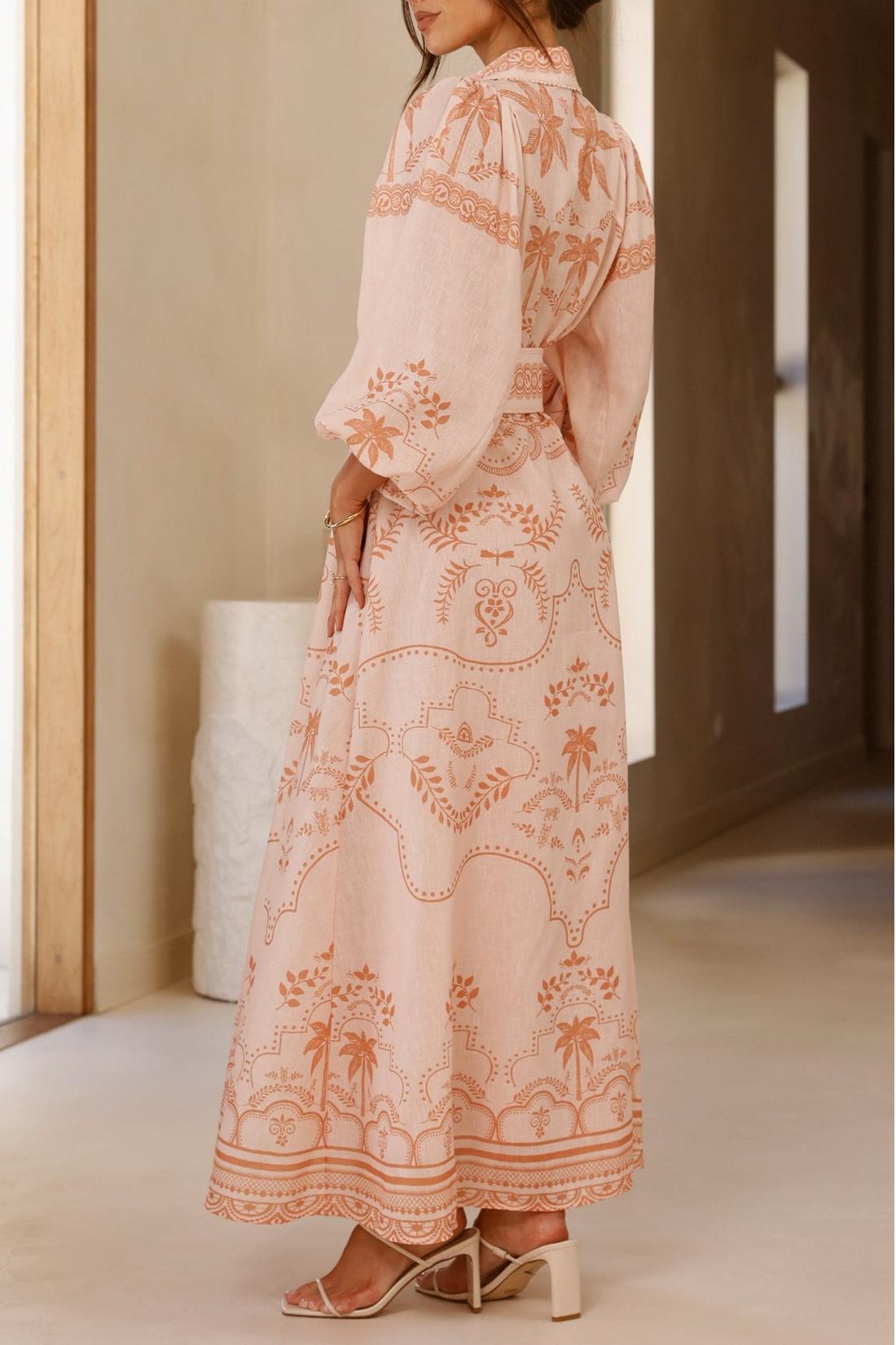 Paisley Print Lantern Sleeve Midi Dress With Belt