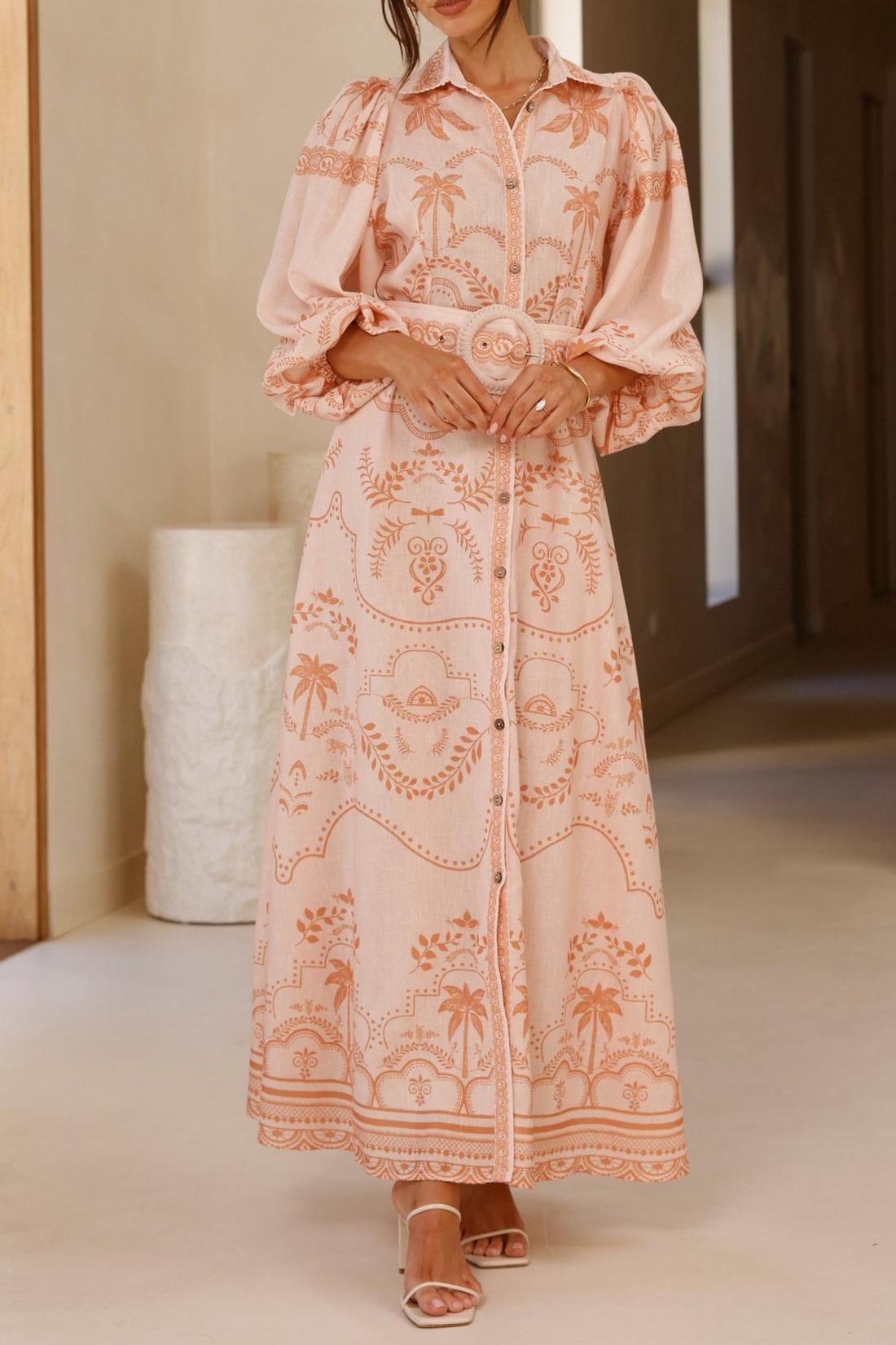 Paisley Print Lantern Sleeve Midi Dress With Belt