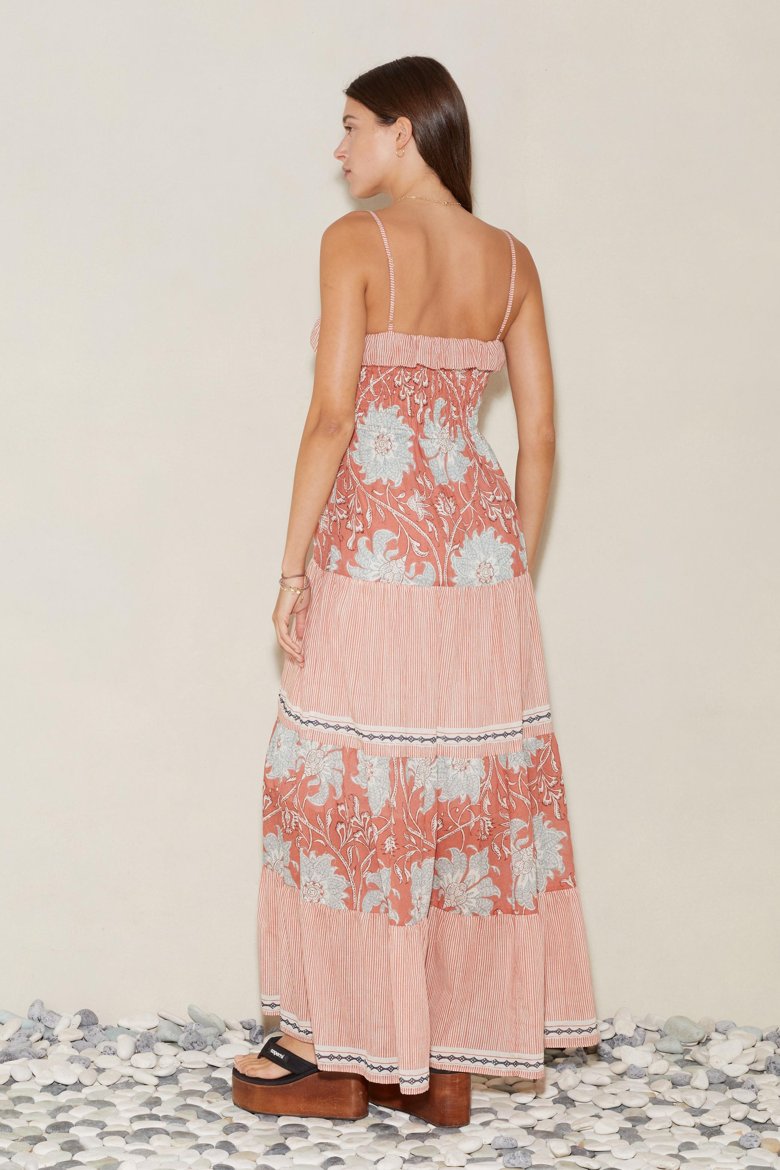 Patchwork Print Smocking Slip Maxi Dress