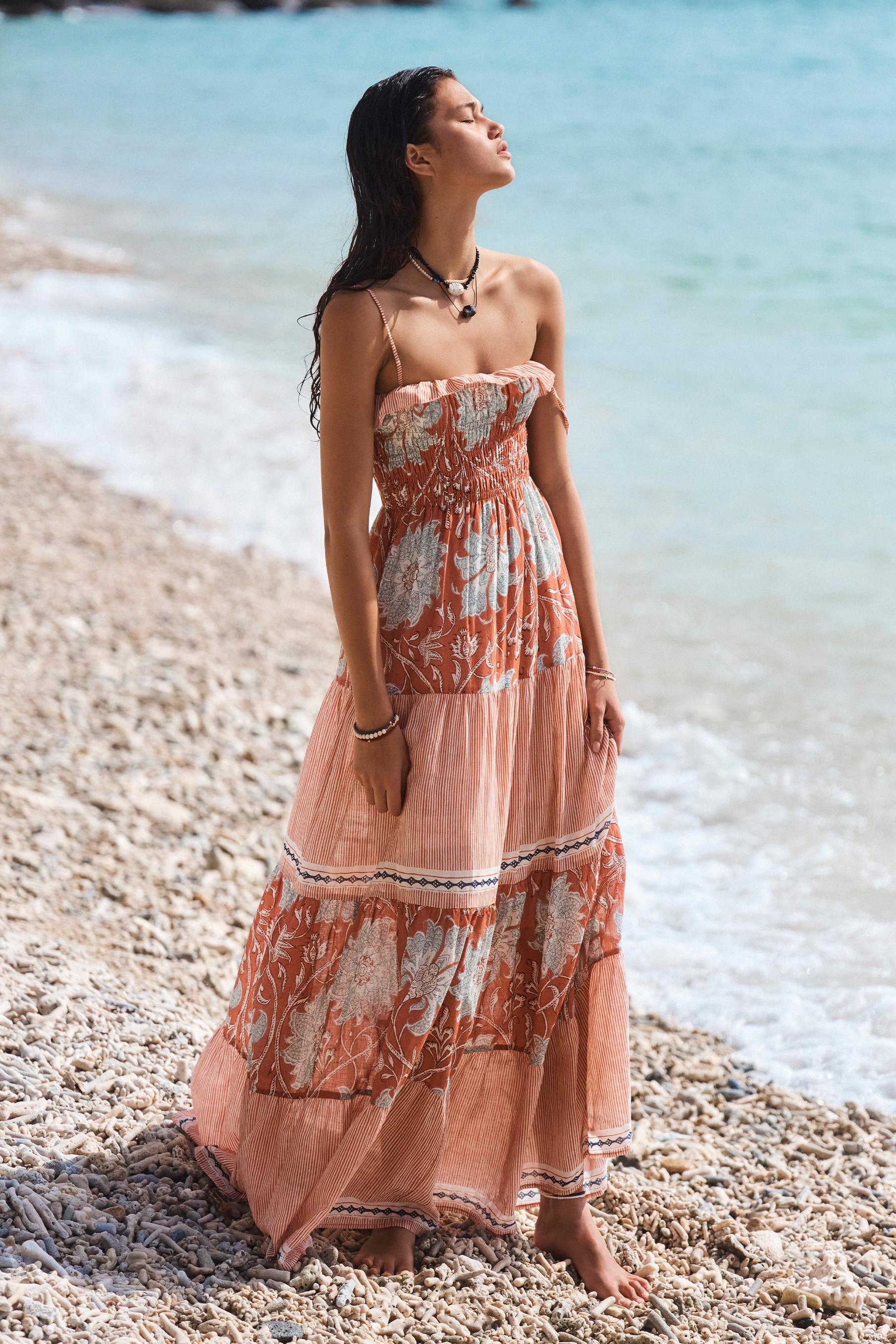 Patchwork Print Smocking Slip Maxi Dress