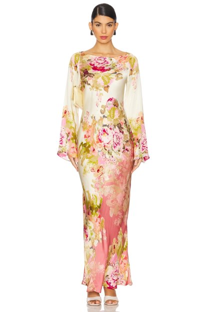 Floral Bell Sleeve Boat Neck Maxi Dress