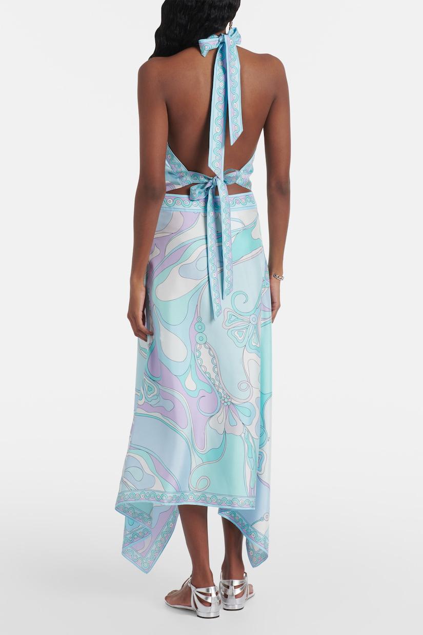 Satin Halter Neck Mini Top & Scarf Print Mid Waist Midi Skirt Set