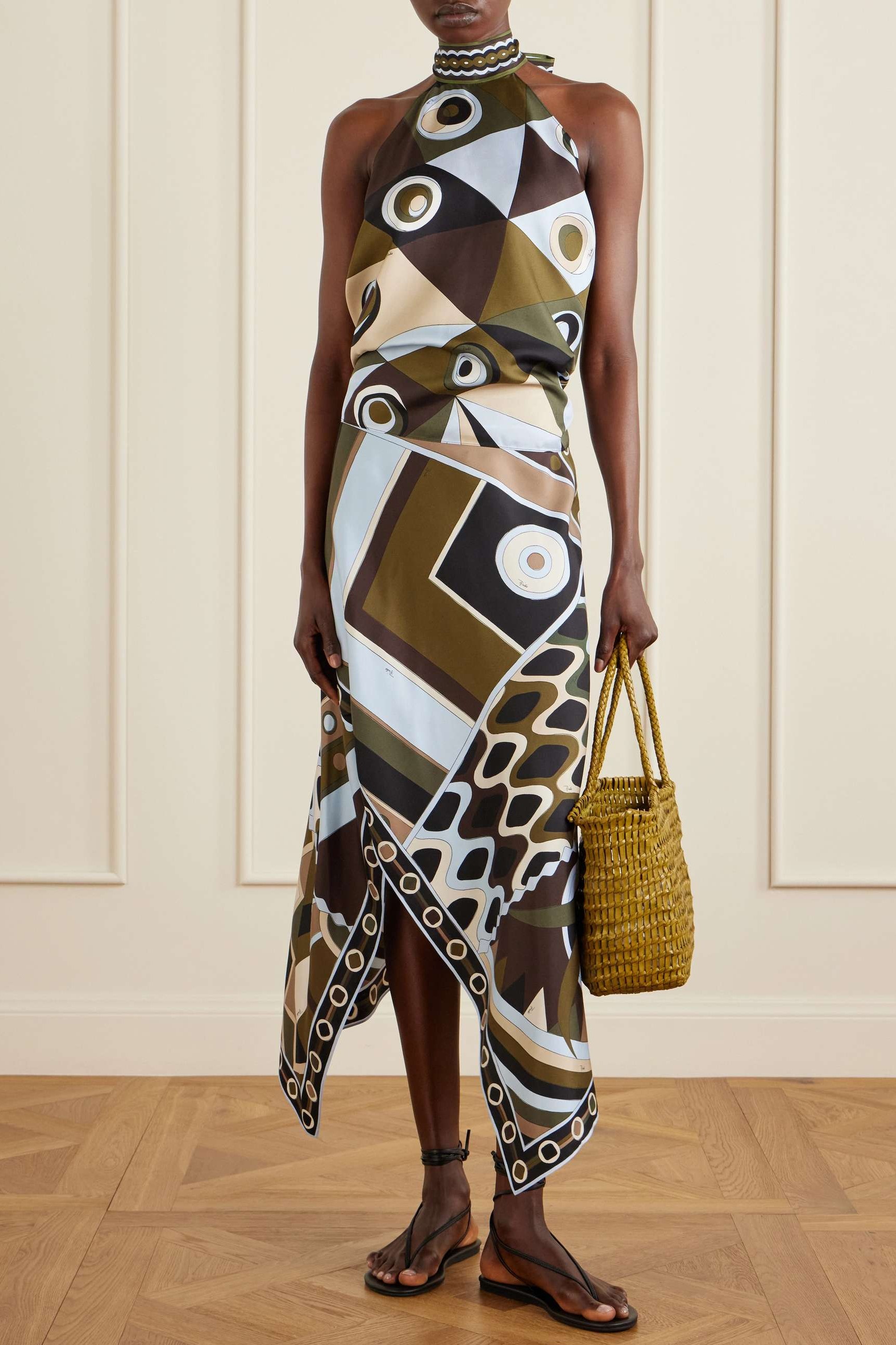 Satin Halter Neck Mini Top & Abstract Print Mid Waist Midi Skirt Set