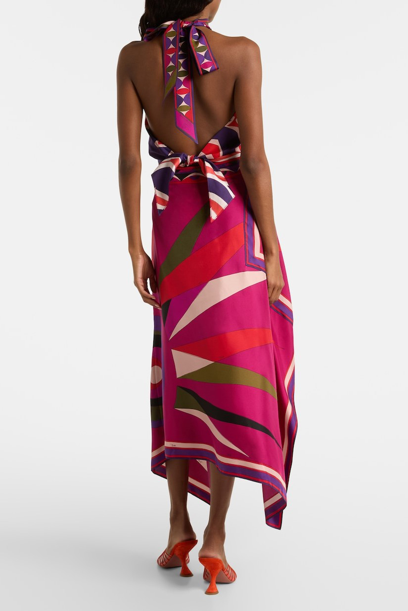 Satin Halter Neck Mini Top & Abstract Print Mid Waist Midi Skirt Set