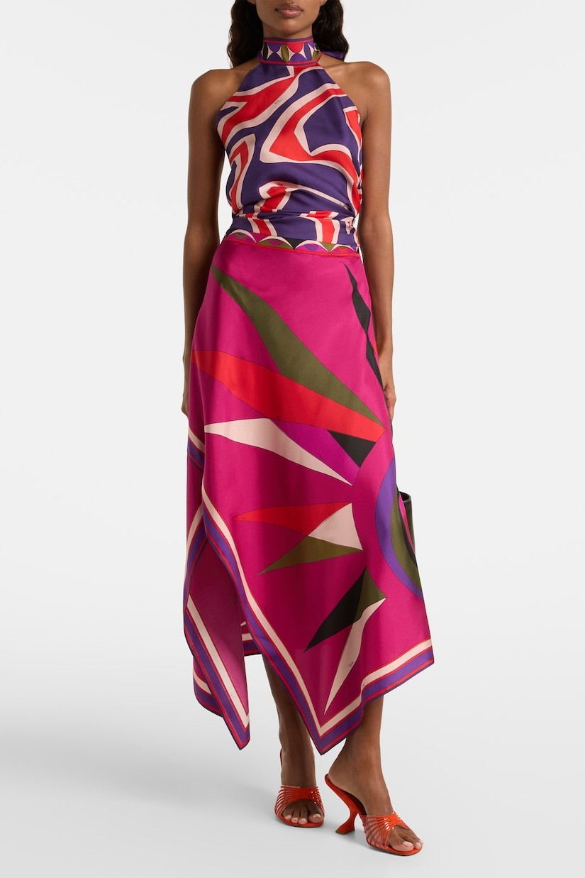 Satin Halter Neck Mini Top & Abstract Print Mid Waist Midi Skirt Set