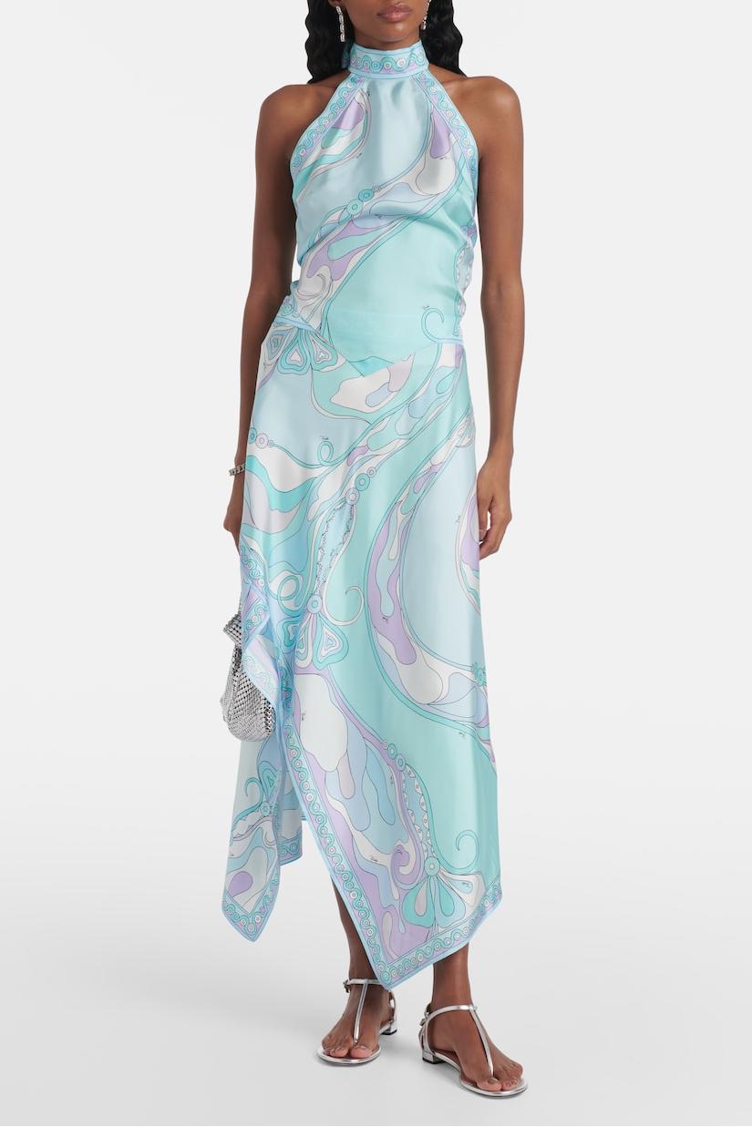 Satin Halter Neck Mini Top & Scarf Print Mid Waist Midi Skirt Set