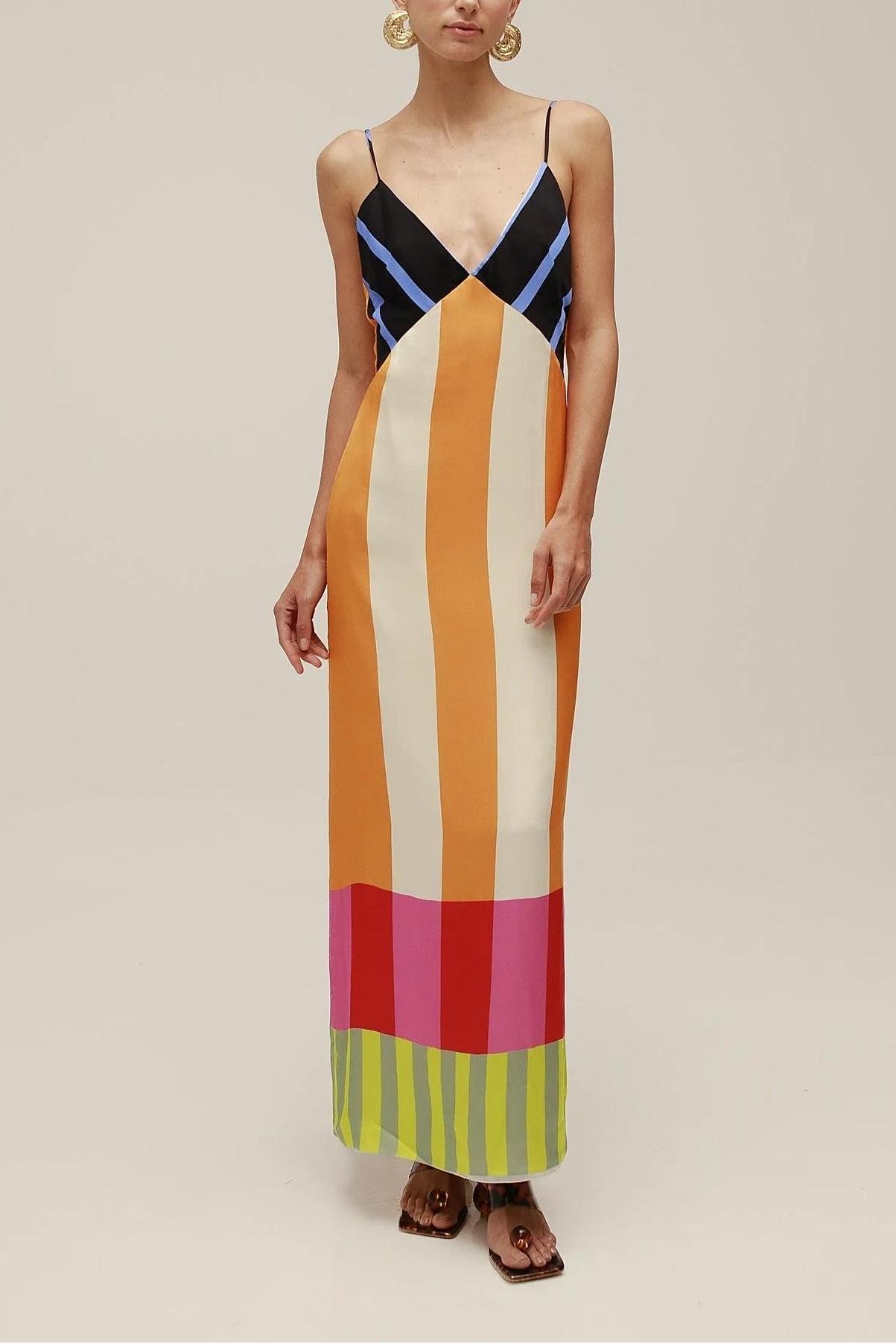 Stripe Contrast Color Split Maxi Dress
