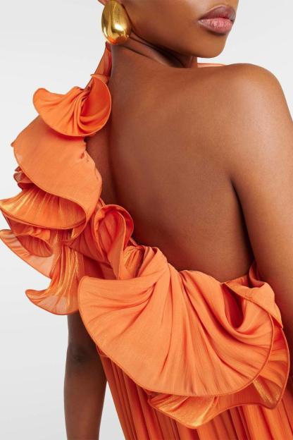 Solid 3D Flower Skew Collar Maxi Dress