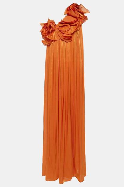 Solid 3D Flower Skew Collar Maxi Dress