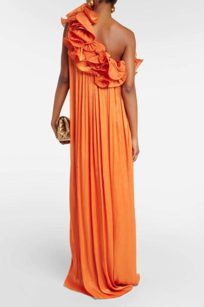 Solid 3D Flower Skew Collar Maxi Dress