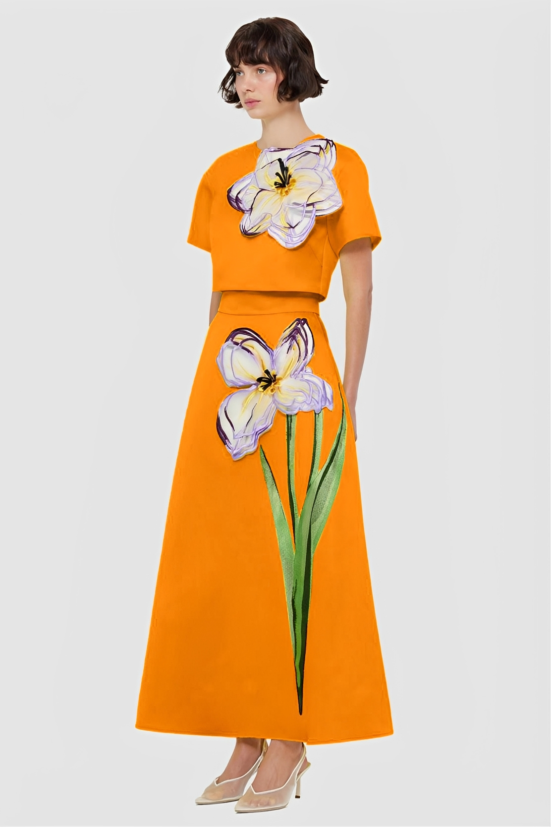 Appliquéd Round Neck Top & High Waist Skirt Set