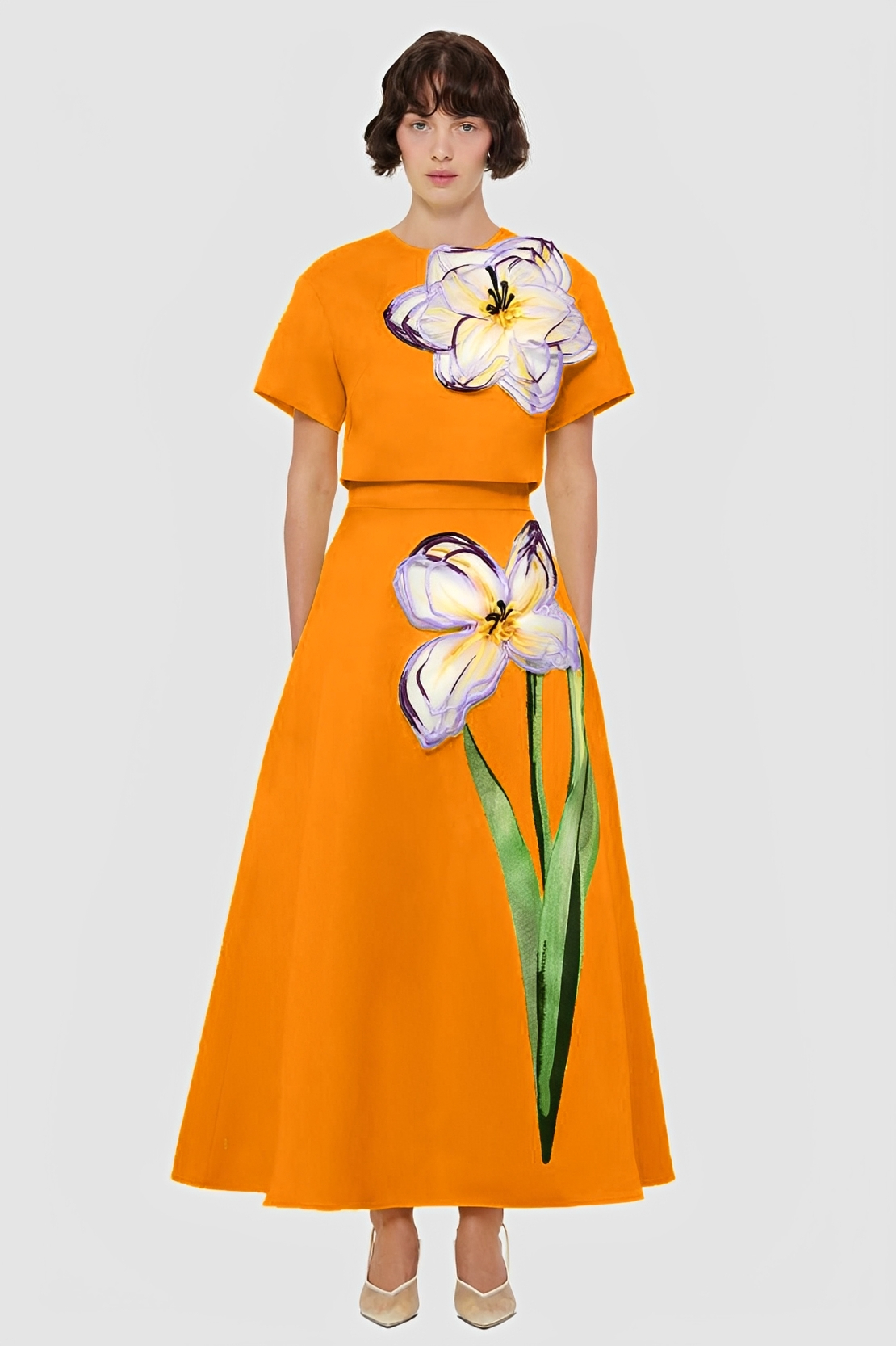 Appliquéd Round Neck Top & High Waist Skirt Set