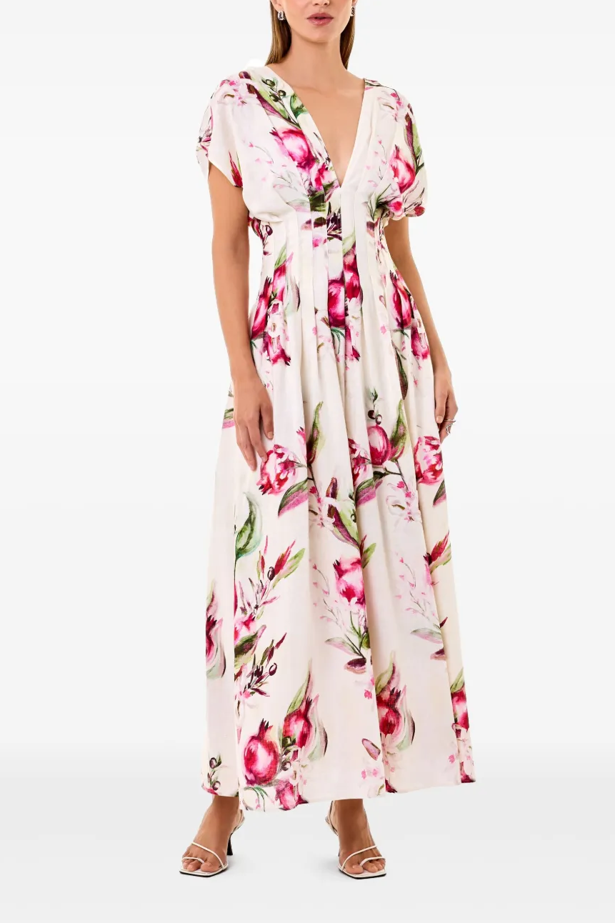 Floral  Pleated V-Neck Midi Dress