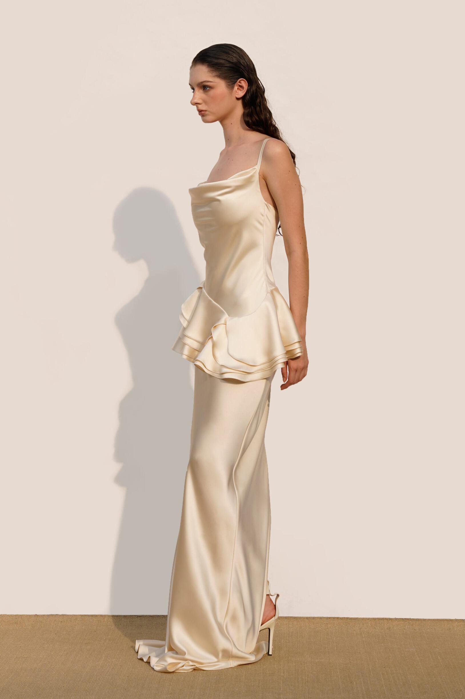 Satin Swing Collar Ruffle Maxi Dress