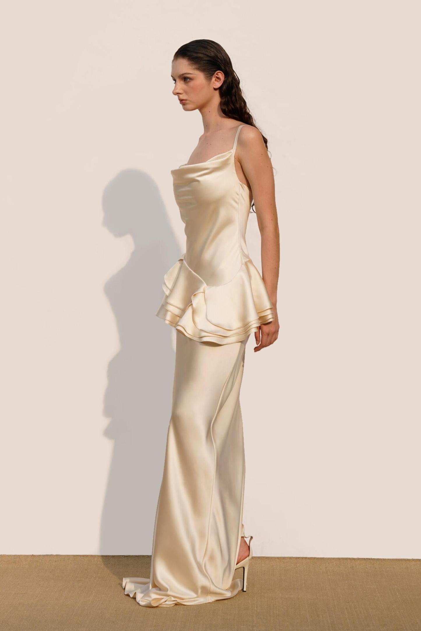 Satin Swing Collar Ruffle Maxi Dress