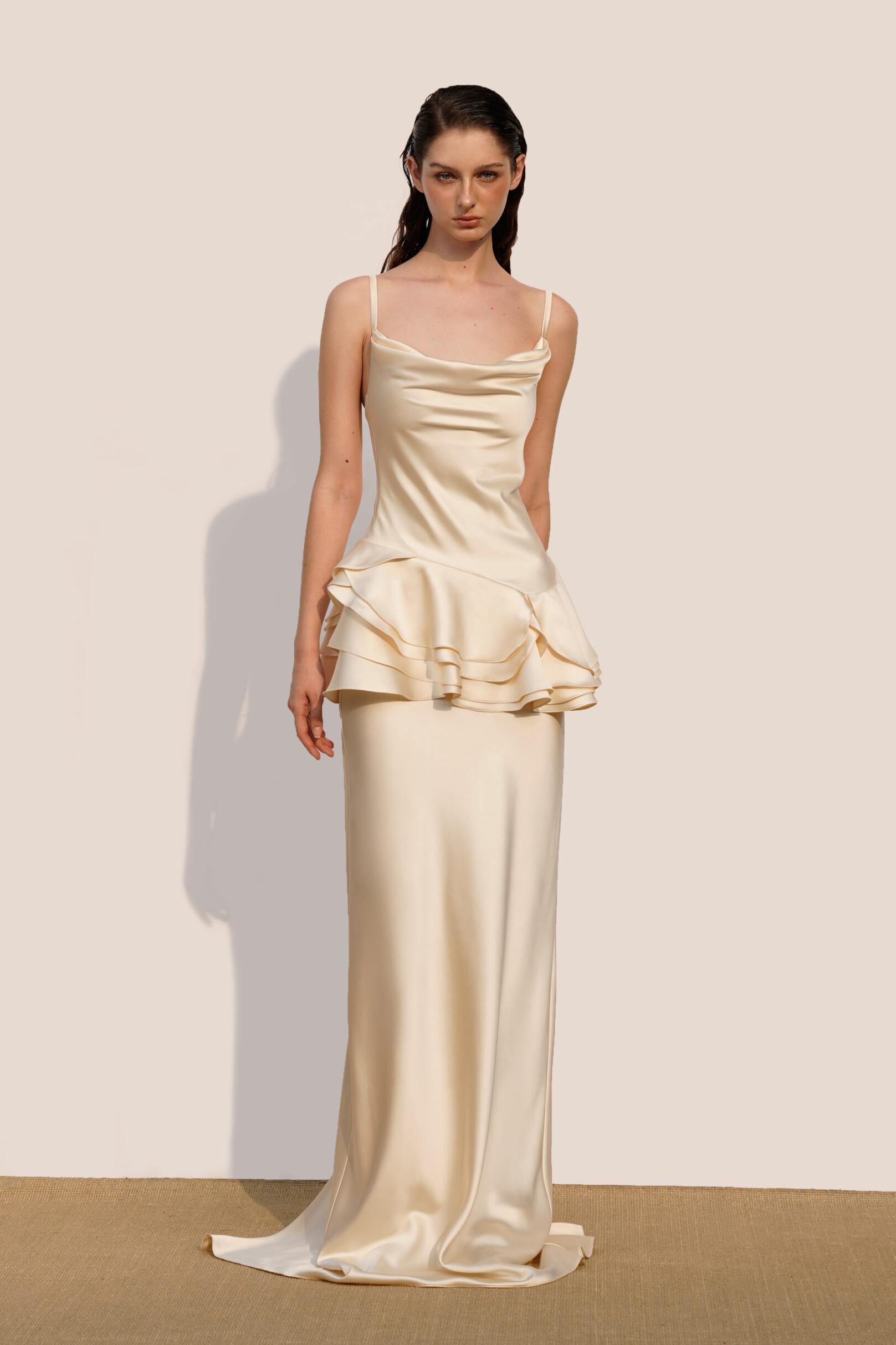 Satin Swing Collar Ruffle Maxi Dress