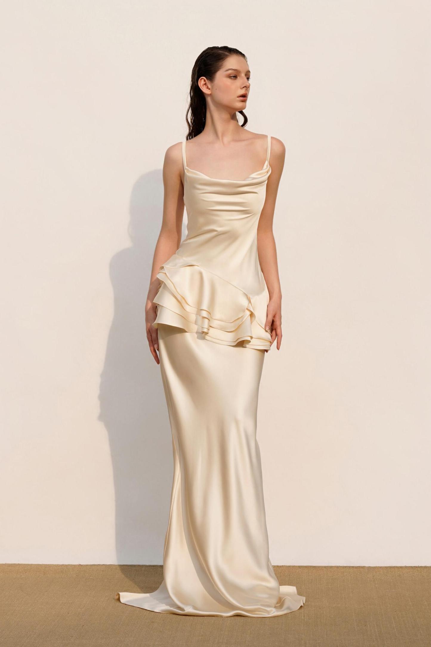 Satin Swing Collar Ruffle Maxi Dress